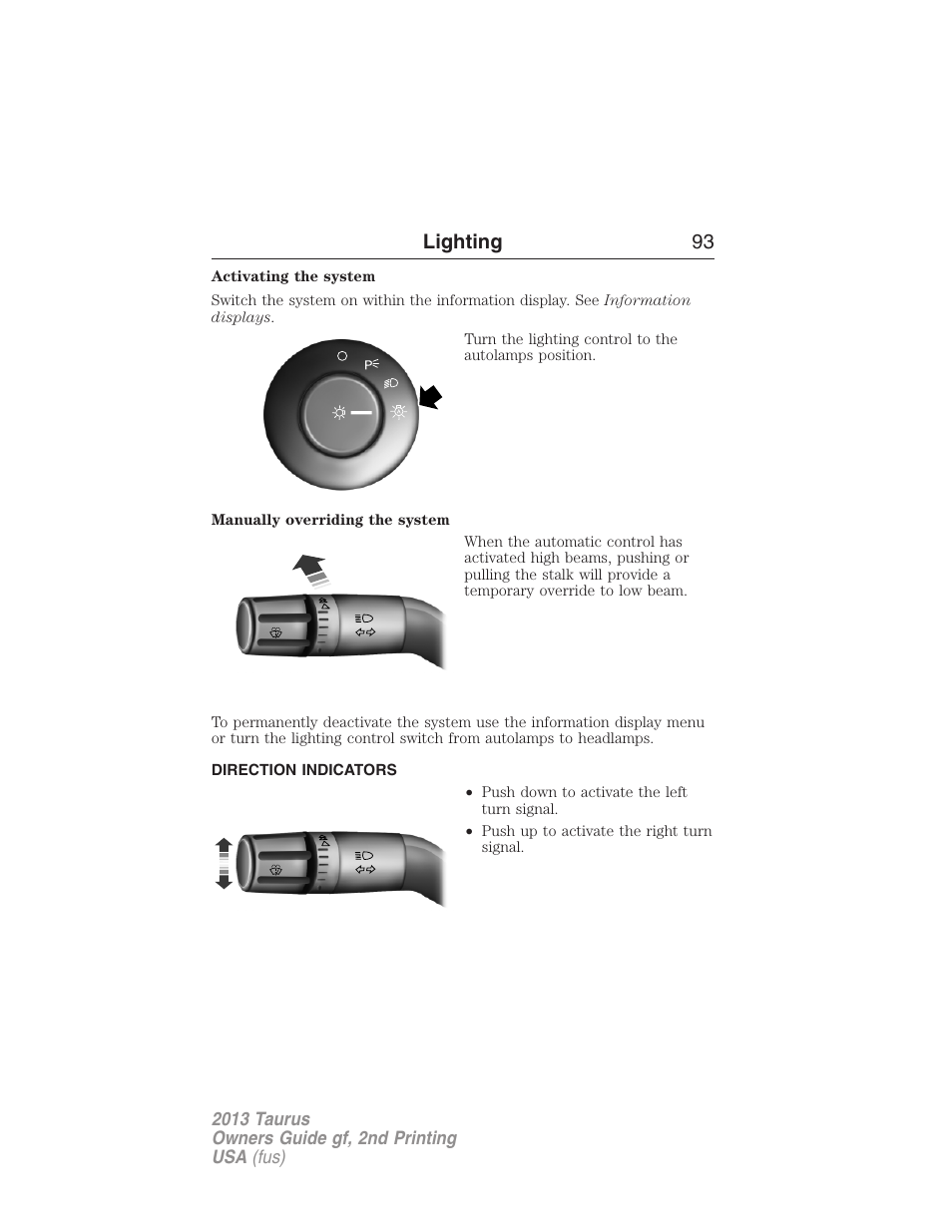 Direction indicators, Lighting 93 | FORD 2013 Taurus v.2 User Manual | Page 93 / 541