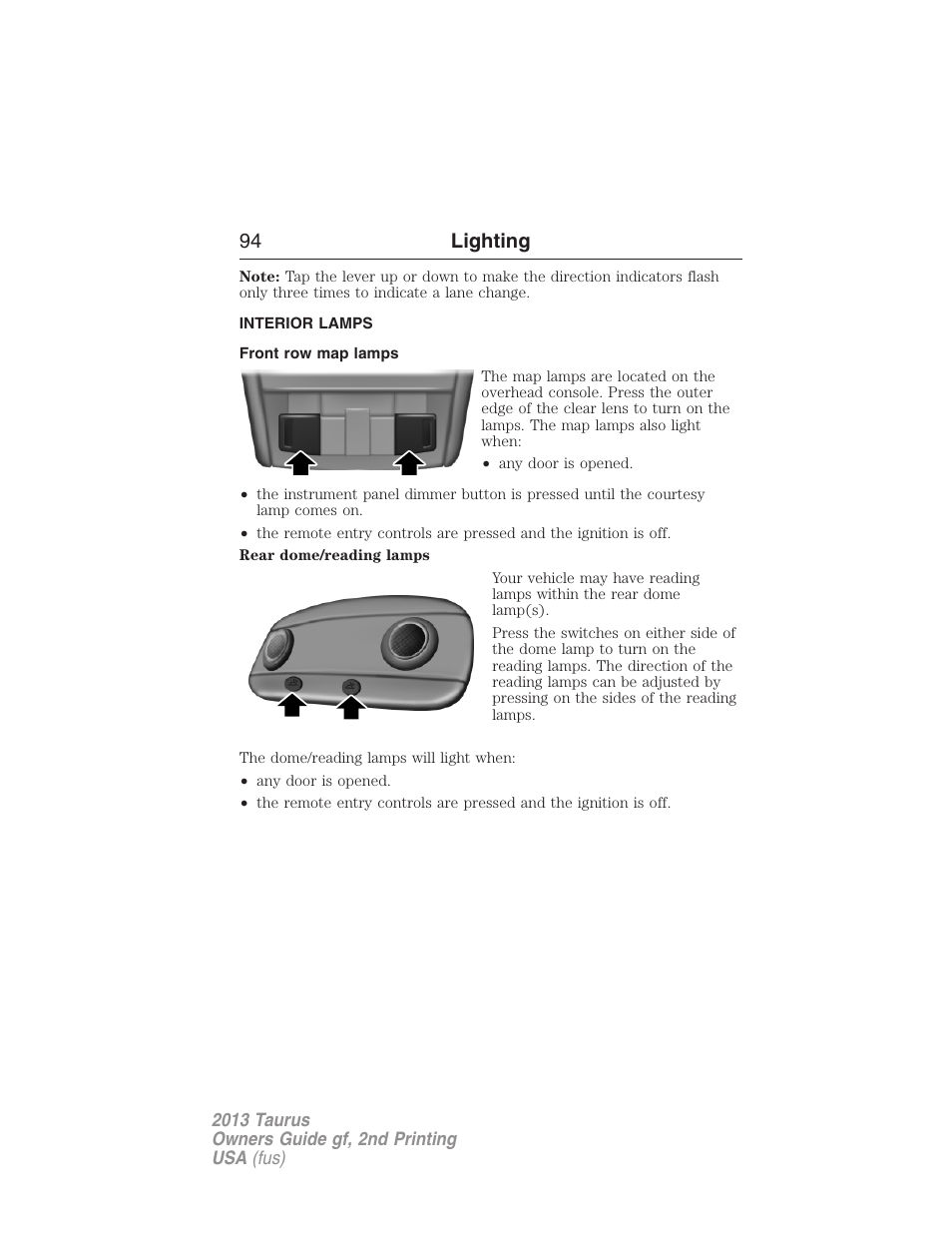 Interior lamps, Front row map lamps, 94 lighting | FORD 2013 Taurus v.2 User Manual | Page 94 / 541