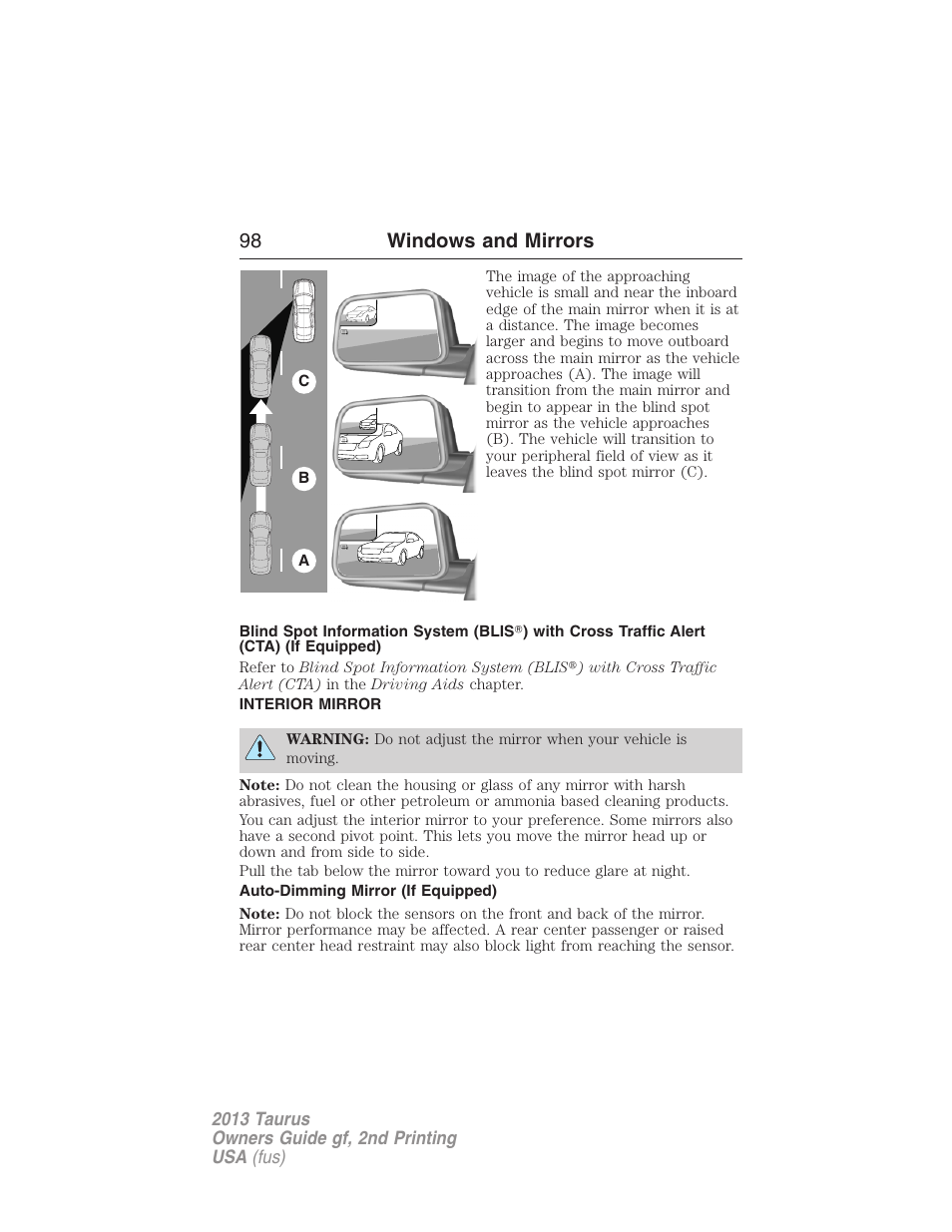 Interior mirror, Auto-dimming mirror (if equipped), Interior mirrors | 98 windows and mirrors | FORD 2013 Taurus v.2 User Manual | Page 98 / 541