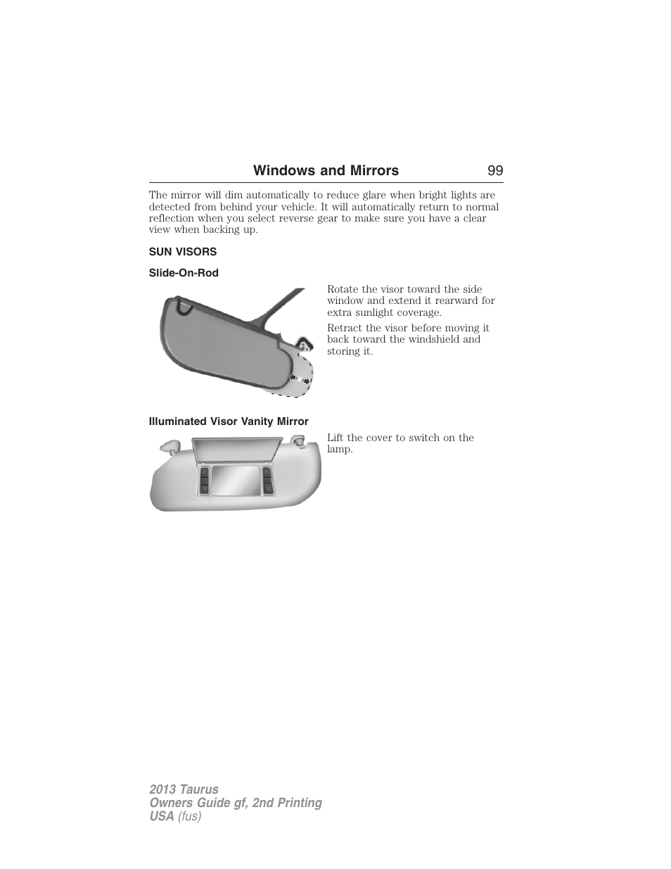 Sun visors, Slide-on-rod, Illuminated visor vanity mirror | Windows and mirrors 99 | FORD 2013 Taurus v.2 User Manual | Page 99 / 541