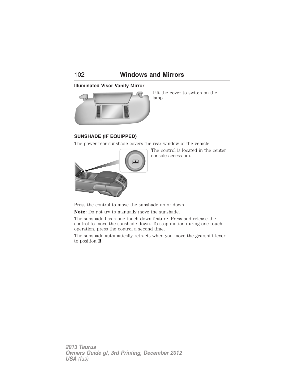 Illuminated visor vanity mirror, Sunshade (if equipped), Sunshade | 102 windows and mirrors | FORD 2013 Taurus v.3 User Manual | Page 103 / 547