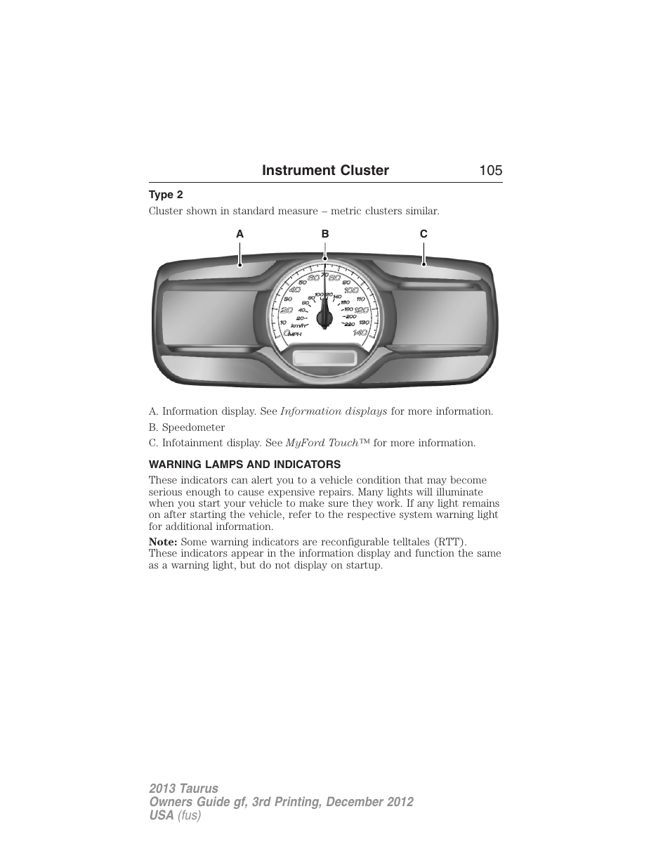 Type 2, Warning lamps and indicators, Instrument cluster 105 | FORD 2013 Taurus v.3 User Manual | Page 106 / 547