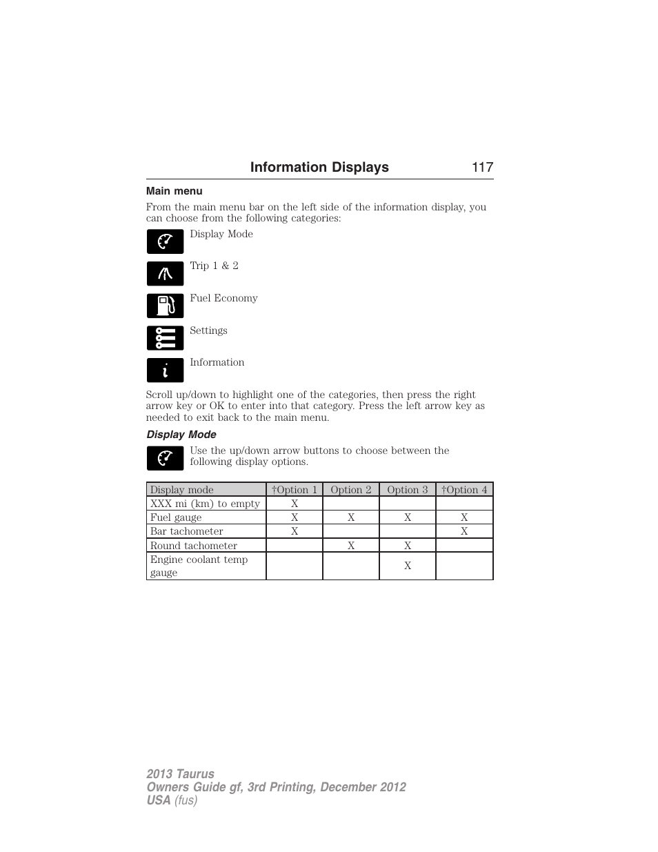 Main menu, Display mode, Information displays 117 | FORD 2013 Taurus v.3 User Manual | Page 118 / 547