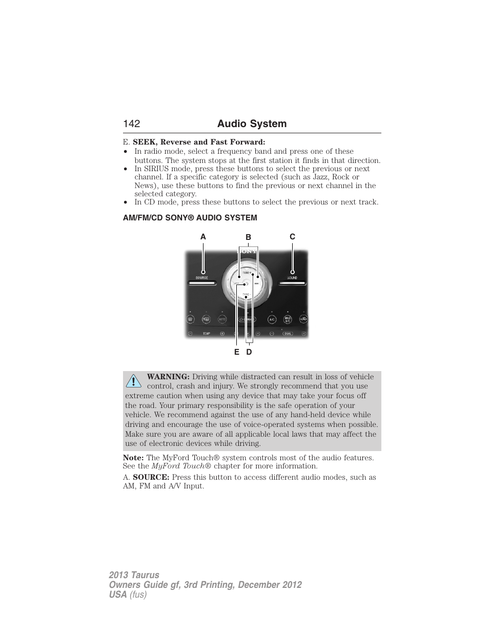 Am/fm/cd sony® audio system, 142 audio system | FORD 2013 Taurus v.3 User Manual | Page 143 / 547