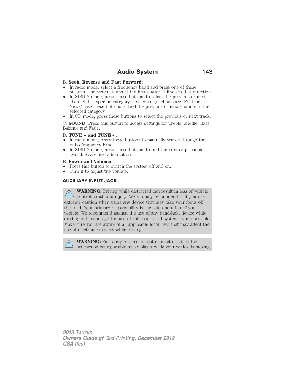 Auxiliary input jack, Audio system 143 | FORD 2013 Taurus v.3 User Manual | Page 144 / 547
