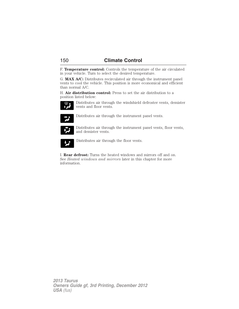 150 climate control | FORD 2013 Taurus v.3 User Manual | Page 151 / 547