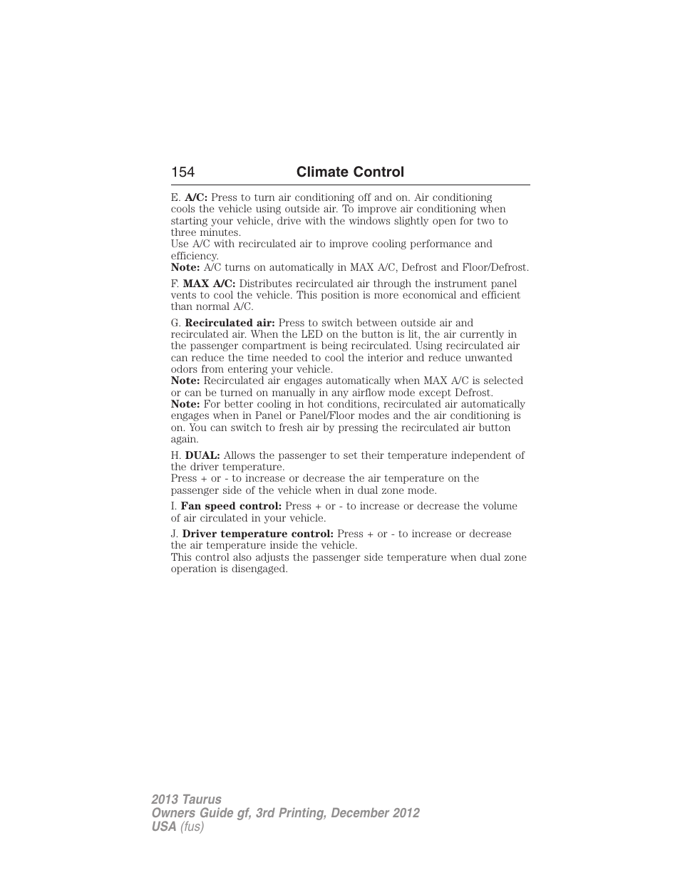 154 climate control | FORD 2013 Taurus v.3 User Manual | Page 155 / 547