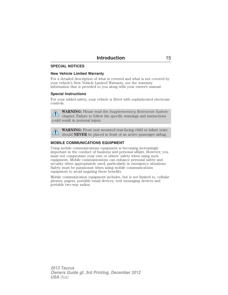 Special notices, New vehicle limited warranty, Special instructions | Mobile communications equipment, Introduction 15 | FORD 2013 Taurus v.3 User Manual | Page 16 / 547