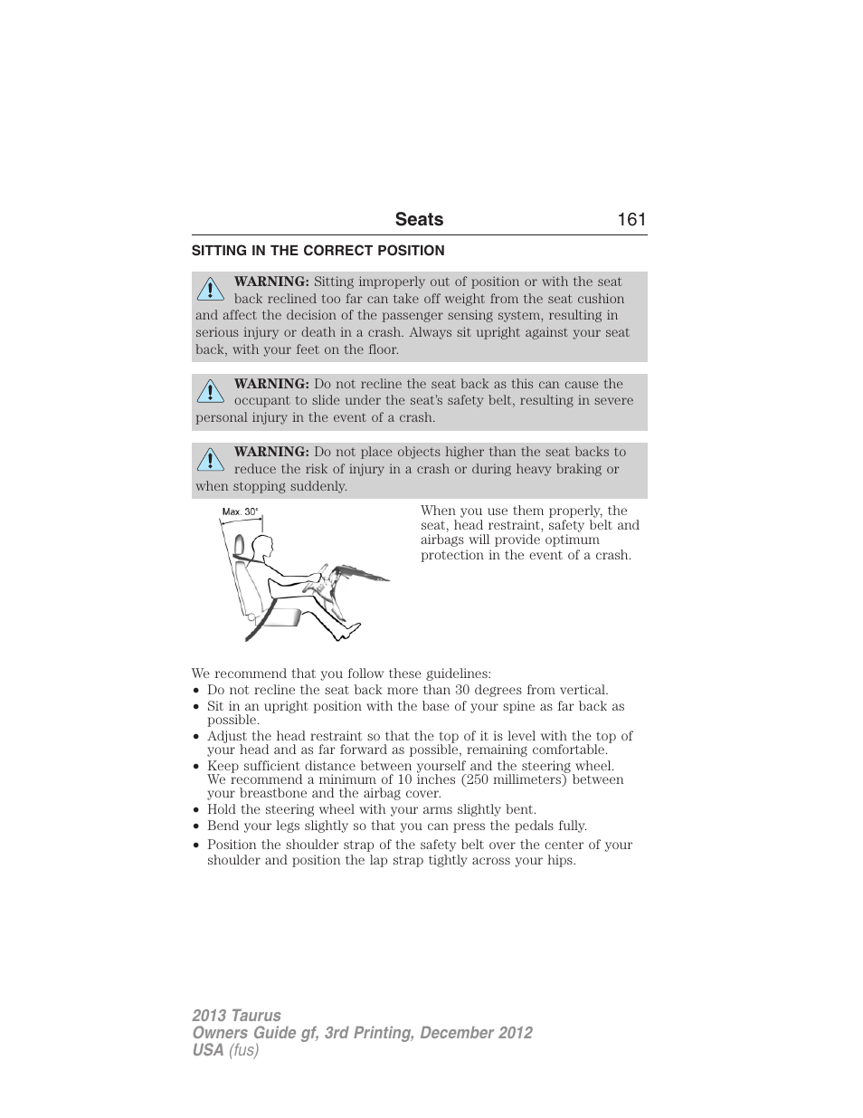 Seats, Sitting in the correct position, Seats 161 | FORD 2013 Taurus v.3 User Manual | Page 162 / 547
