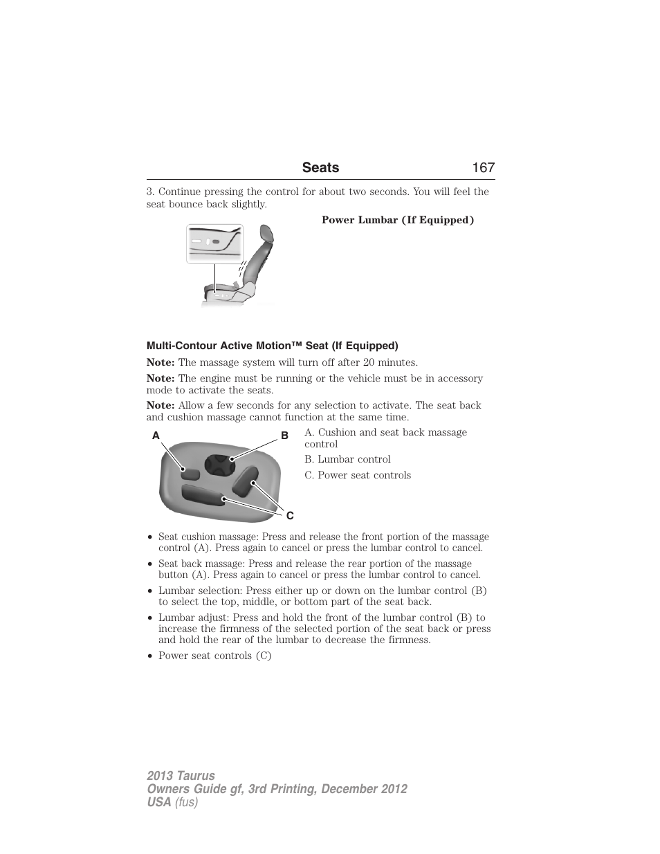 Multi-contour active motion™ seat (if equipped), Seats 167 | FORD 2013 Taurus v.3 User Manual | Page 168 / 547