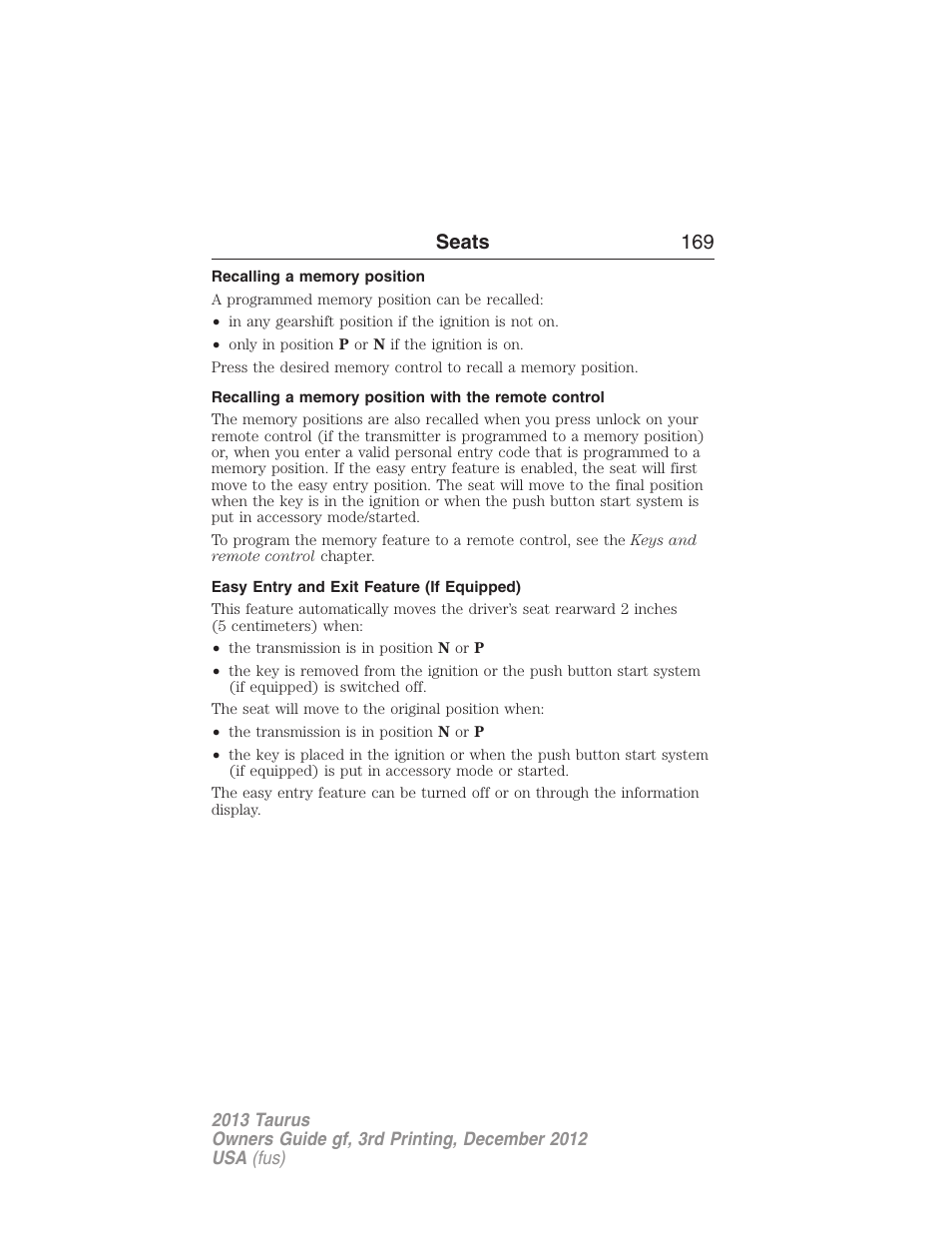 Recalling a memory position, Easy entry and exit feature (if equipped), Seats 169 | FORD 2013 Taurus v.3 User Manual | Page 170 / 547