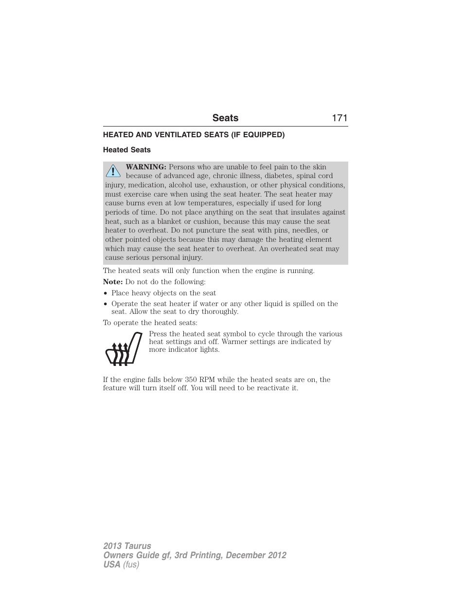 Heated and ventilated seats (if equipped), Heated seats, Heated and ventilated seats | Seats 171 | FORD 2013 Taurus v.3 User Manual | Page 172 / 547