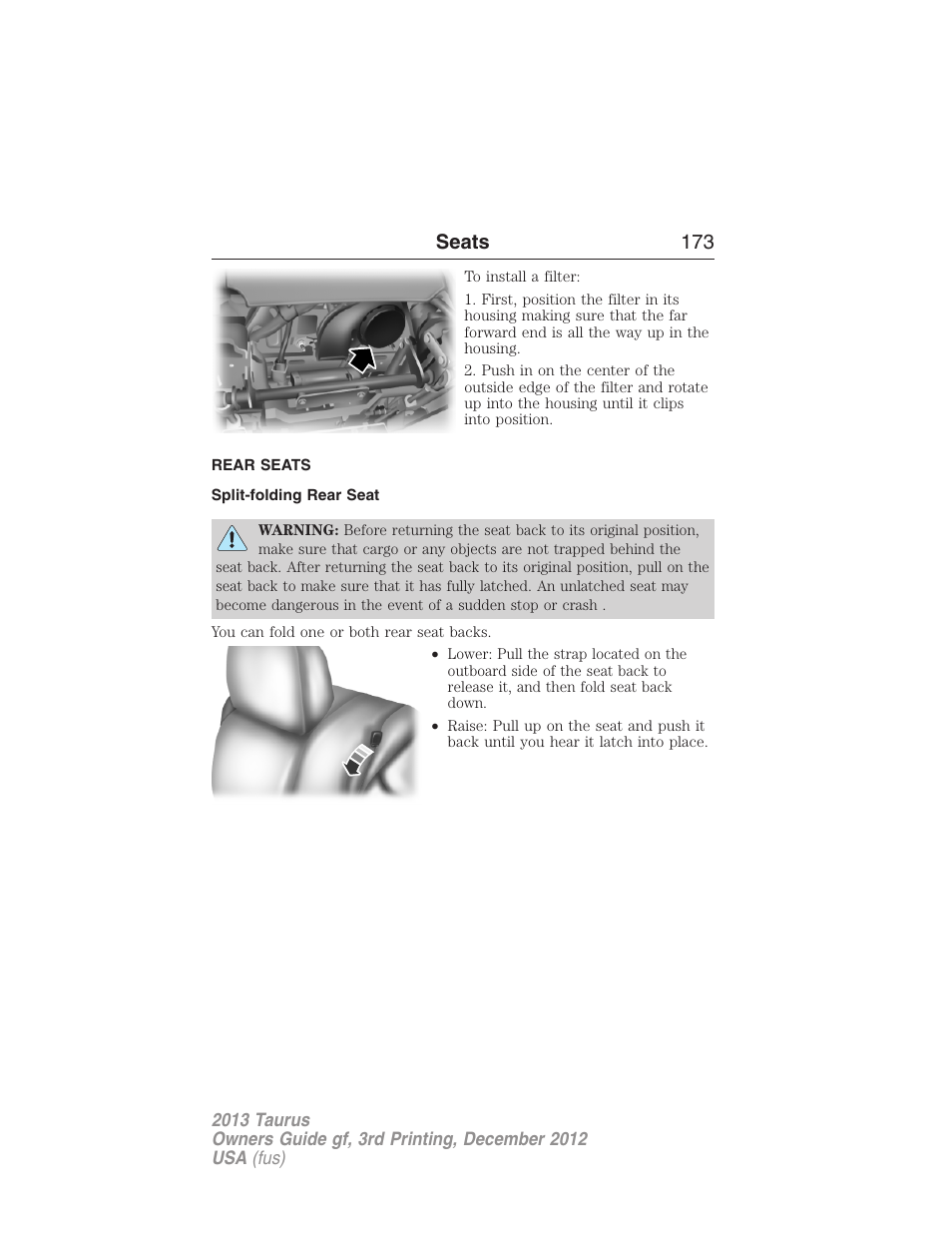 Rear seats, Split-folding rear seat, Seats 173 | FORD 2013 Taurus v.3 User Manual | Page 174 / 547