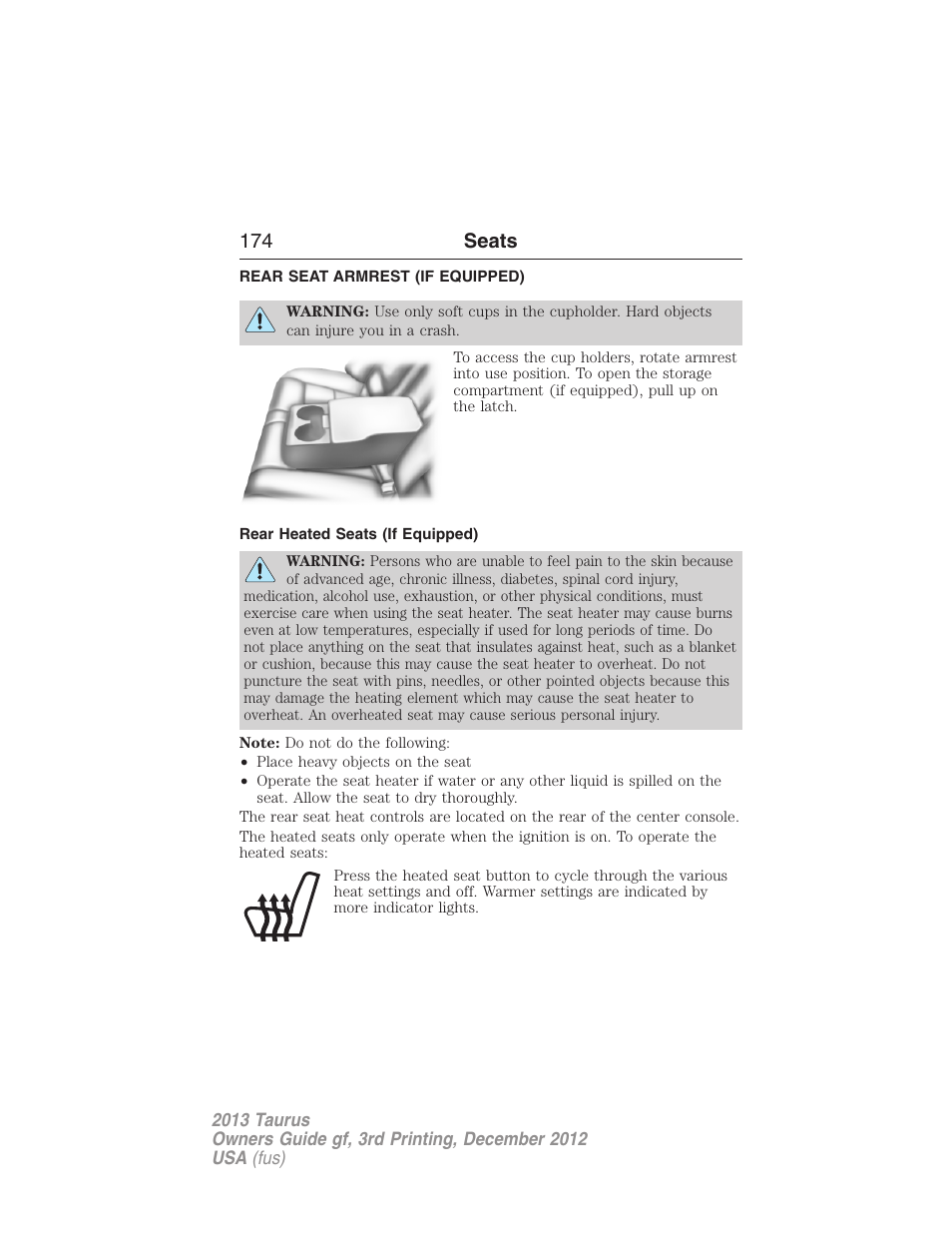 Rear seat armrest (if equipped), Rear heated seats (if equipped), 174 seats | FORD 2013 Taurus v.3 User Manual | Page 175 / 547