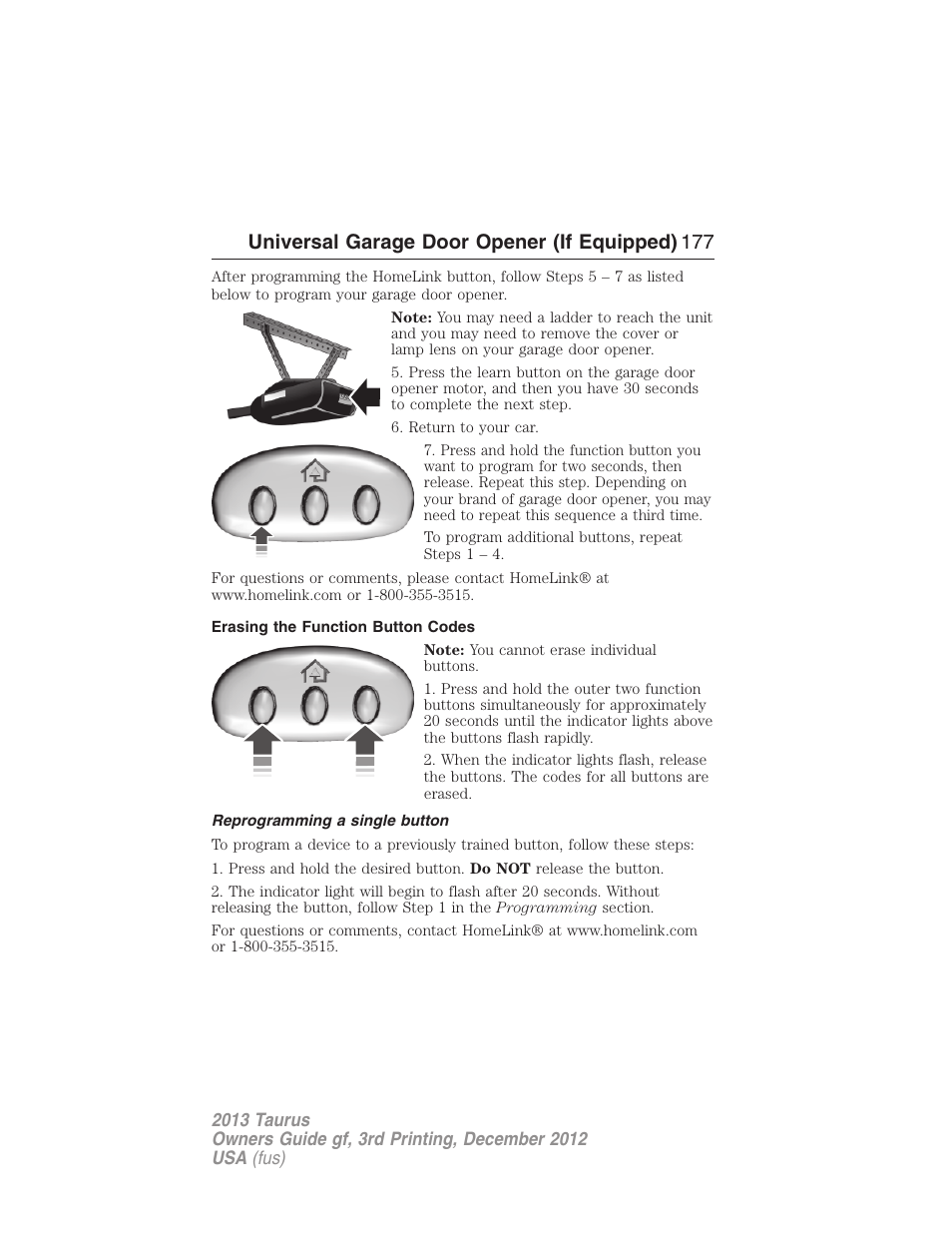 Erasing the function button codes, Reprogramming a single button, Universal garage door opener (if equipped) 177 | FORD 2013 Taurus v.3 User Manual | Page 178 / 547