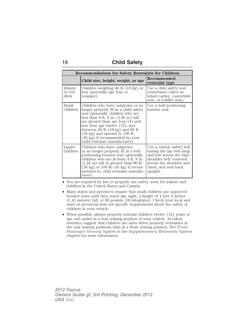 18 child safety | FORD 2013 Taurus v.3 User Manual | Page 19 / 547