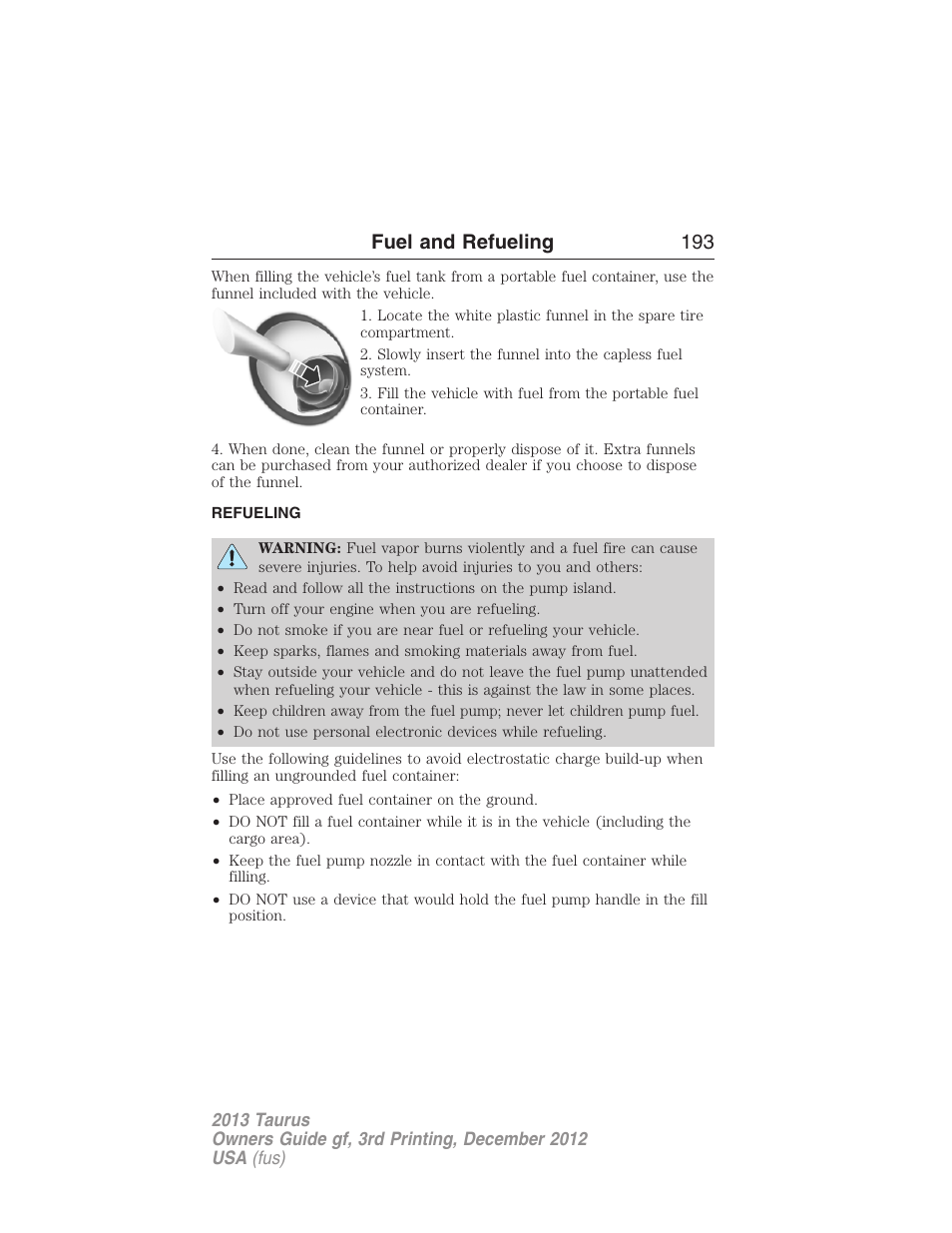 Refueling, Fuel and refueling 193 | FORD 2013 Taurus v.3 User Manual | Page 194 / 547