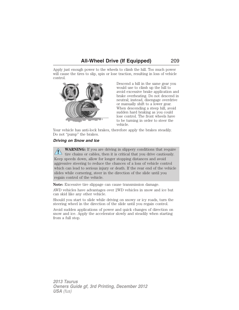 Driving on snow and ice, All-wheel drive (if equipped) 209 | FORD 2013 Taurus v.3 User Manual | Page 210 / 547