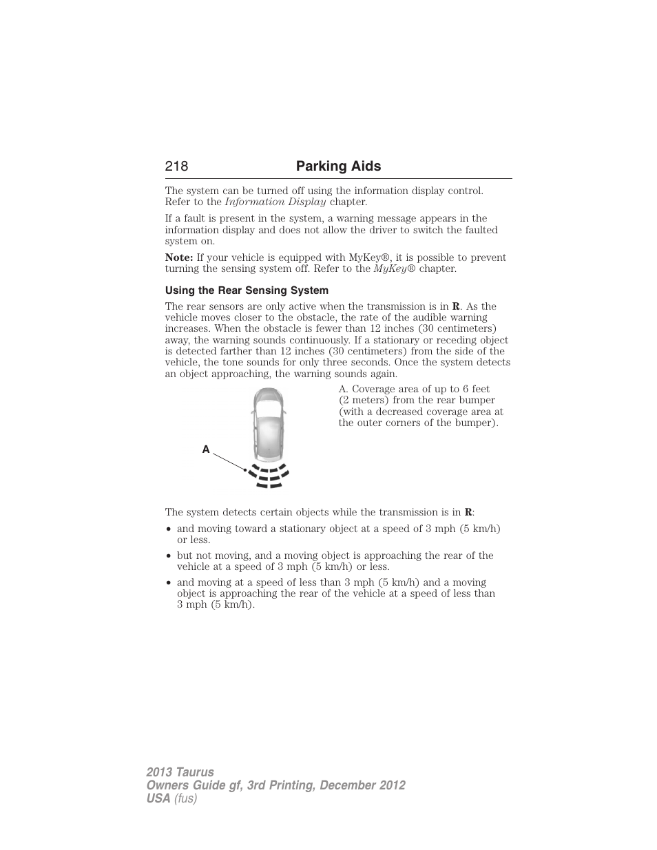 Using the rear sensing system, 218 parking aids | FORD 2013 Taurus v.3 User Manual | Page 219 / 547