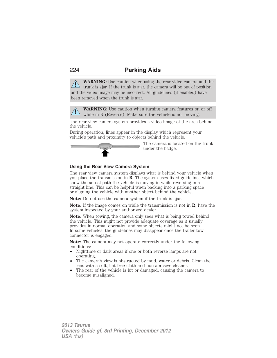 Using the rear view camera system, 224 parking aids | FORD 2013 Taurus v.3 User Manual | Page 225 / 547