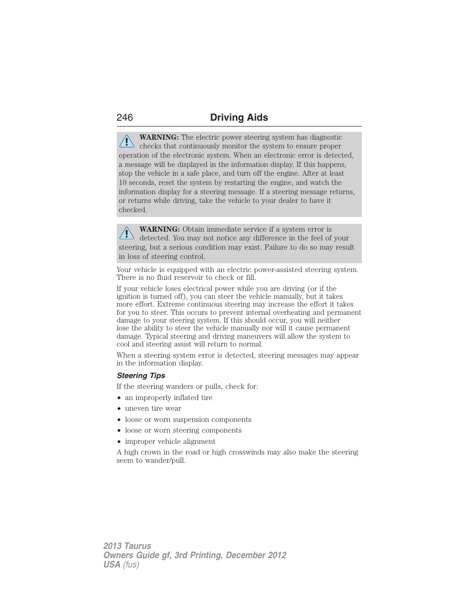 Steering tips, 246 driving aids | FORD 2013 Taurus v.3 User Manual | Page 247 / 547