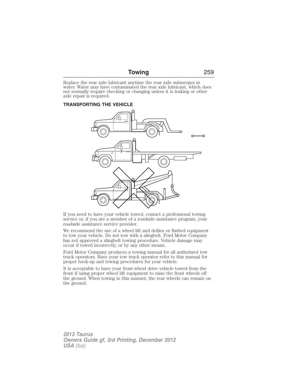 Transporting the vehicle, Wrecker towing, Towing 259 | FORD 2013 Taurus v.3 User Manual | Page 260 / 547