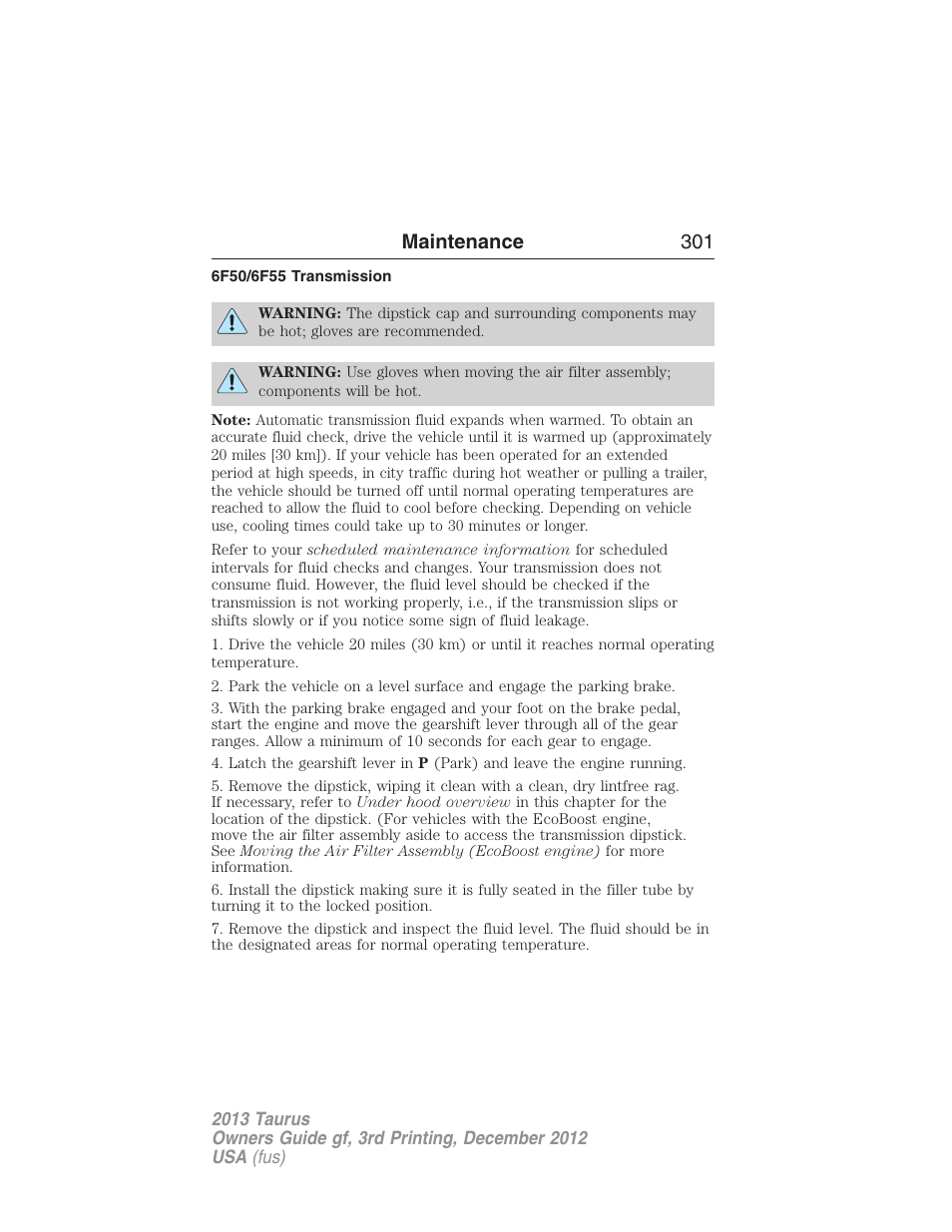 6f50/6f55 transmission, Maintenance 301 | FORD 2013 Taurus v.3 User Manual | Page 302 / 547