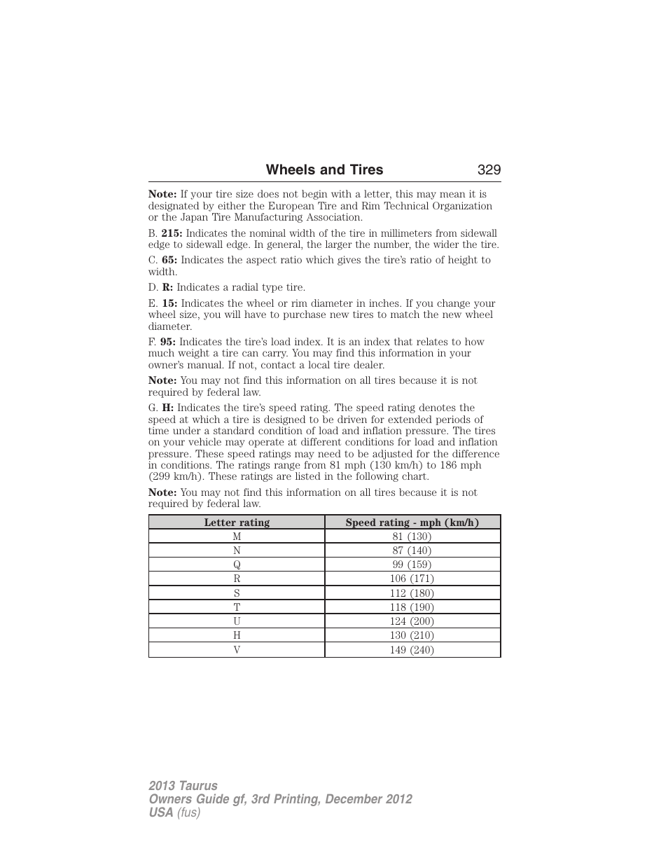 Wheels and tires 329 | FORD 2013 Taurus v.3 User Manual | Page 330 / 547