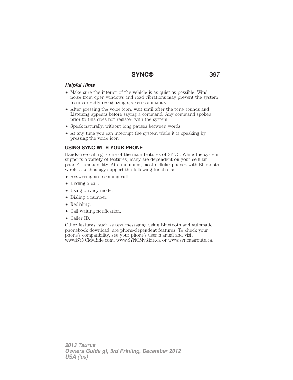 Helpful hints, Using sync with your phone, Sync® 397 | FORD 2013 Taurus v.3 User Manual | Page 398 / 547