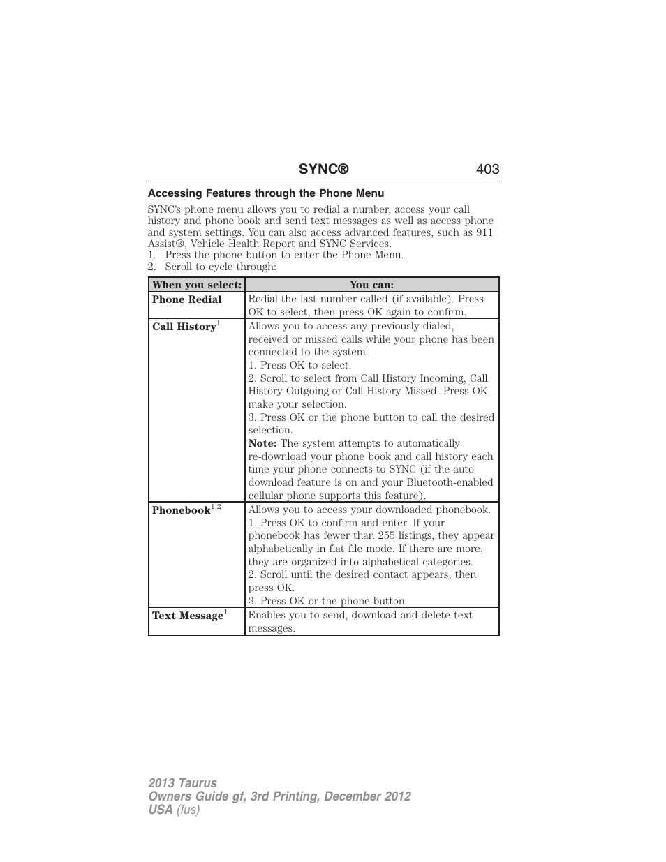Accessing features through the phone menu, Sync® 403 | FORD 2013 Taurus v.3 User Manual | Page 404 / 547