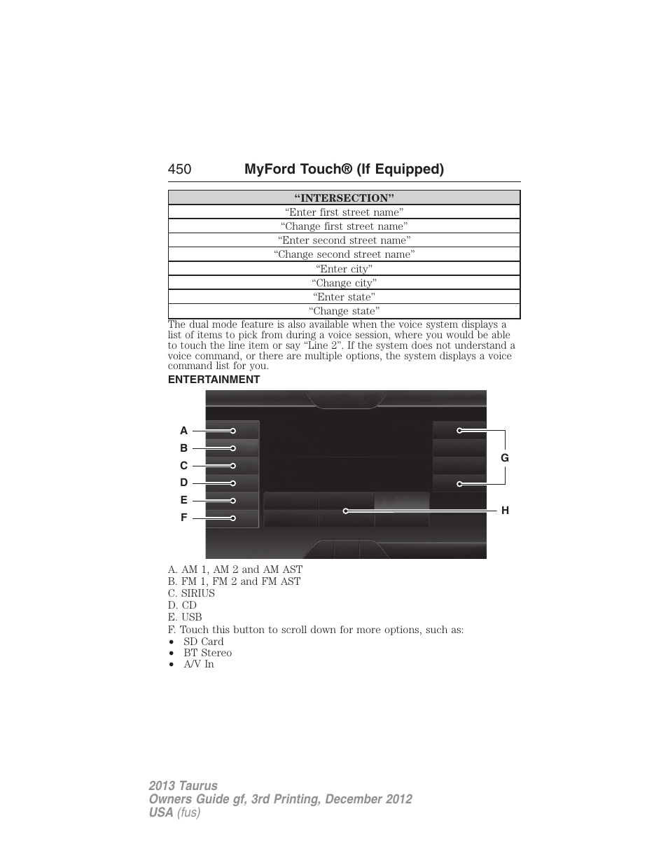 Entertainment, Listening to music, 450 myford touch® (if equipped) | FORD 2013 Taurus v.3 User Manual | Page 451 / 547