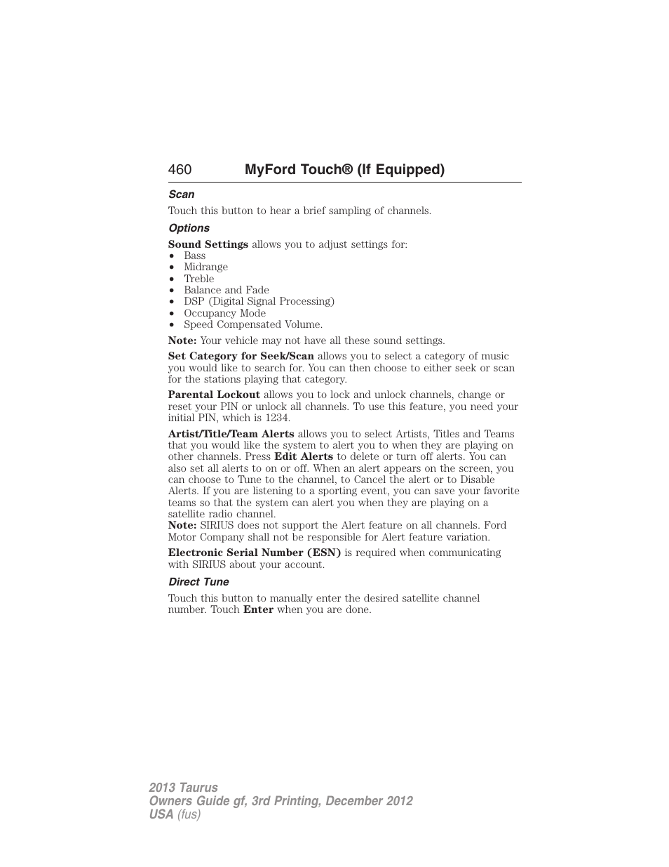 Scan, Options, Direct tune | 460 myford touch® (if equipped) | FORD 2013 Taurus v.3 User Manual | Page 461 / 547