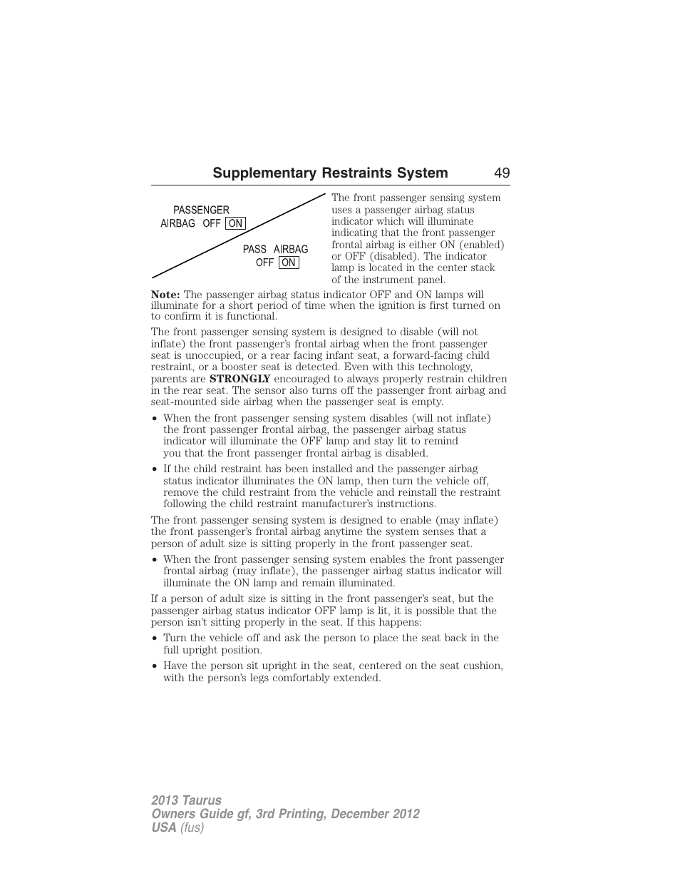 Supplementary restraints system 49 | FORD 2013 Taurus v.3 User Manual | Page 50 / 547