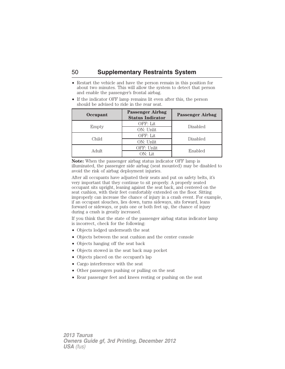 50 supplementary restraints system | FORD 2013 Taurus v.3 User Manual | Page 51 / 547
