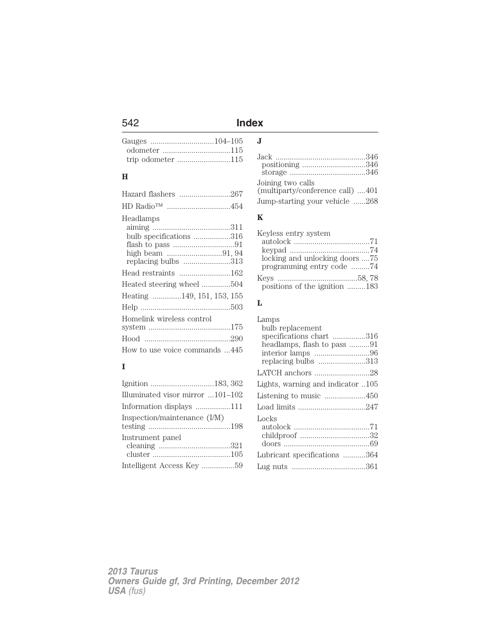 542 index | FORD 2013 Taurus v.3 User Manual | Page 543 / 547