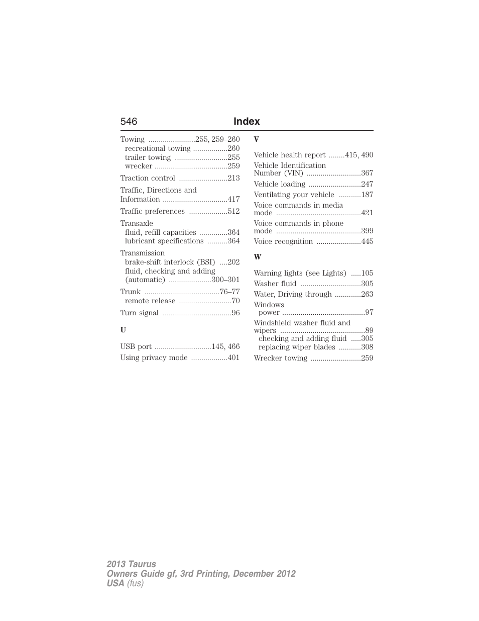 546 index | FORD 2013 Taurus v.3 User Manual | Page 547 / 547