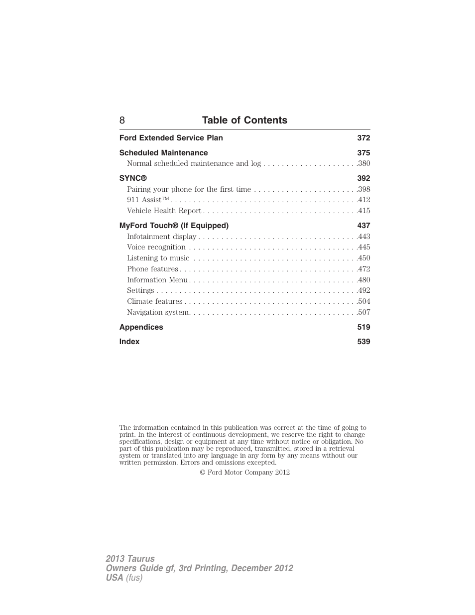 8table of contents | FORD 2013 Taurus v.3 User Manual | Page 9 / 547