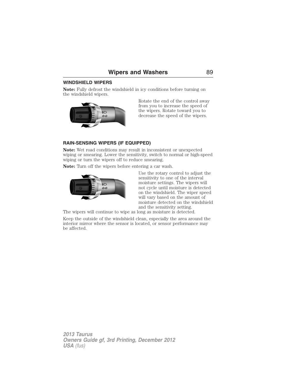 Wipers and washers, Windshield wipers, Rain-sensing wipers (if equipped) | Rain-sensing wipers, Wipers and washers 89 | FORD 2013 Taurus v.3 User Manual | Page 90 / 547