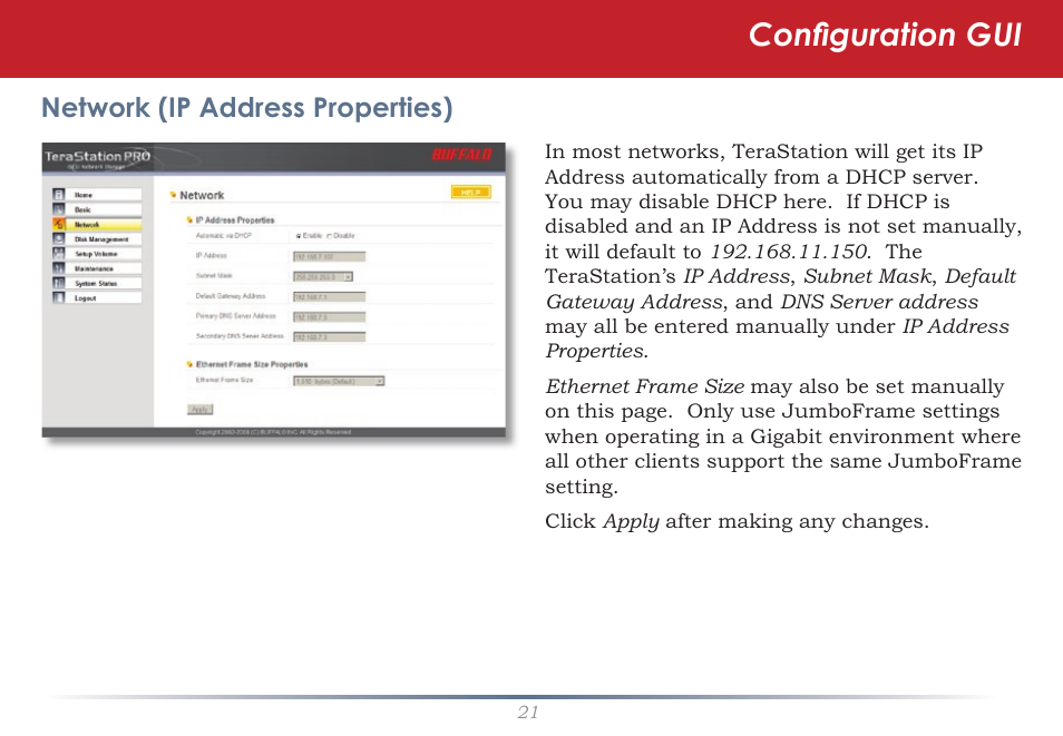 Configuration gui, Network (ip address properties) | Buffalo Technology TeraStation TS-ITGL User Manual | Page 21 / 50