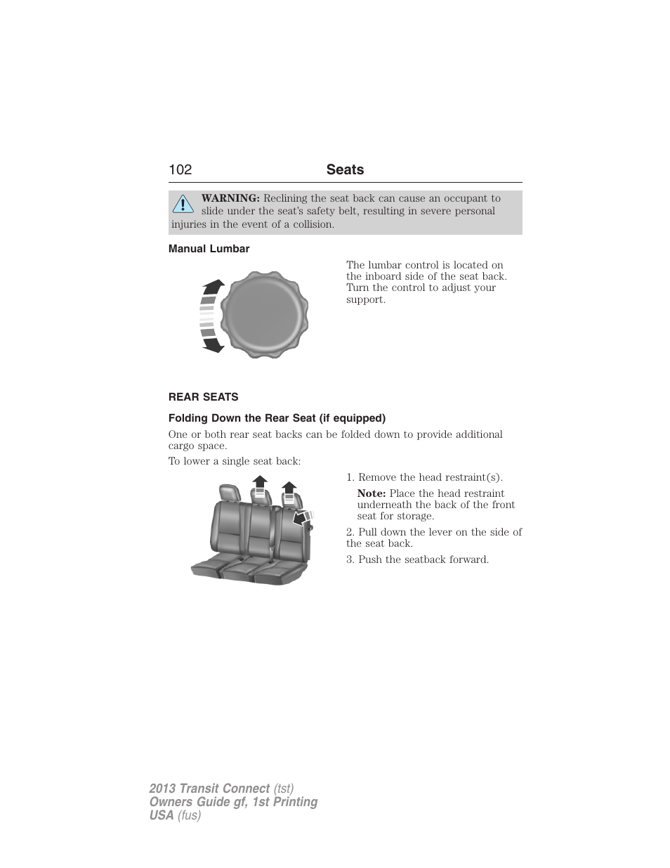 Manual lumbar, Rear seats, Folding down the rear seat (if equipped) | 102 seats | FORD 2013 Transit Connect v.1 User Manual | Page 103 / 317