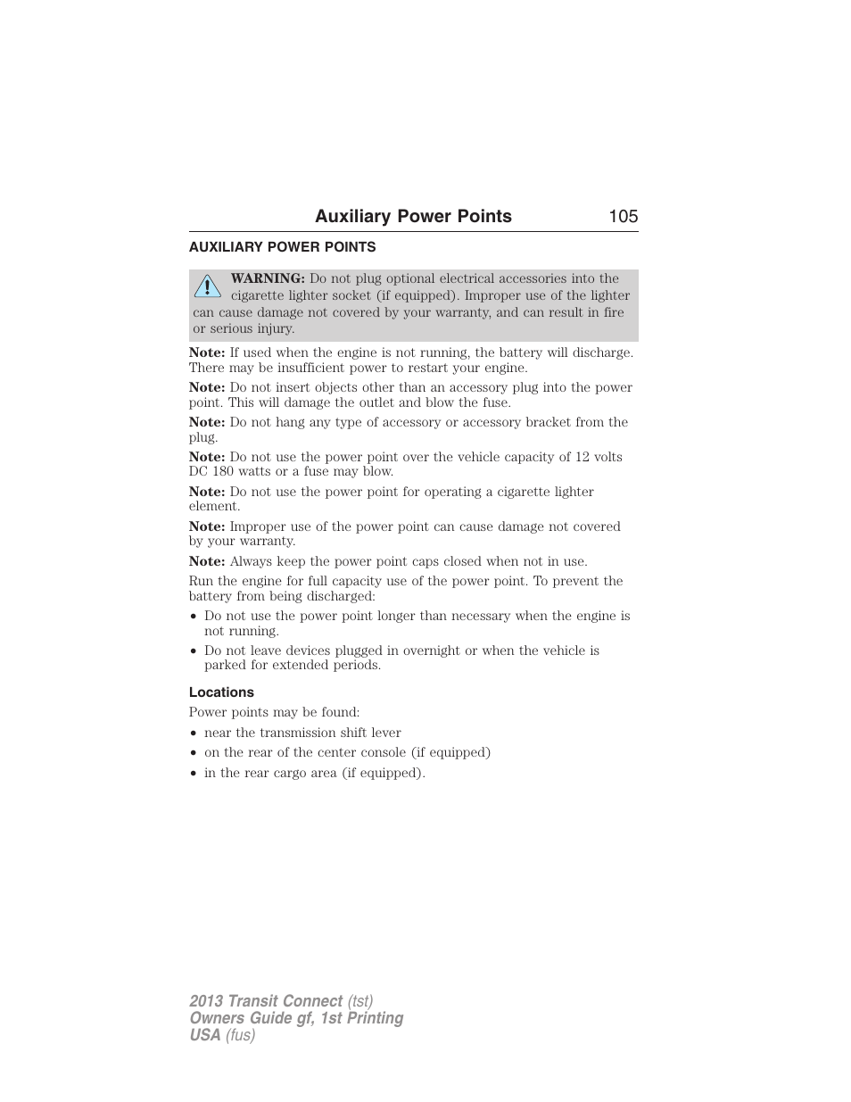 Auxiliary power points, Locations, Auxiliary power points 105 | FORD 2013 Transit Connect v.1 User Manual | Page 106 / 317