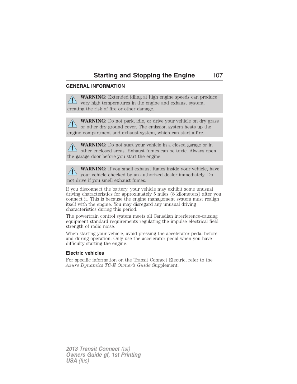 Starting and stopping the engine, General information, Electric vehicles | Starting and stopping the engine 107 | FORD 2013 Transit Connect v.1 User Manual | Page 108 / 317