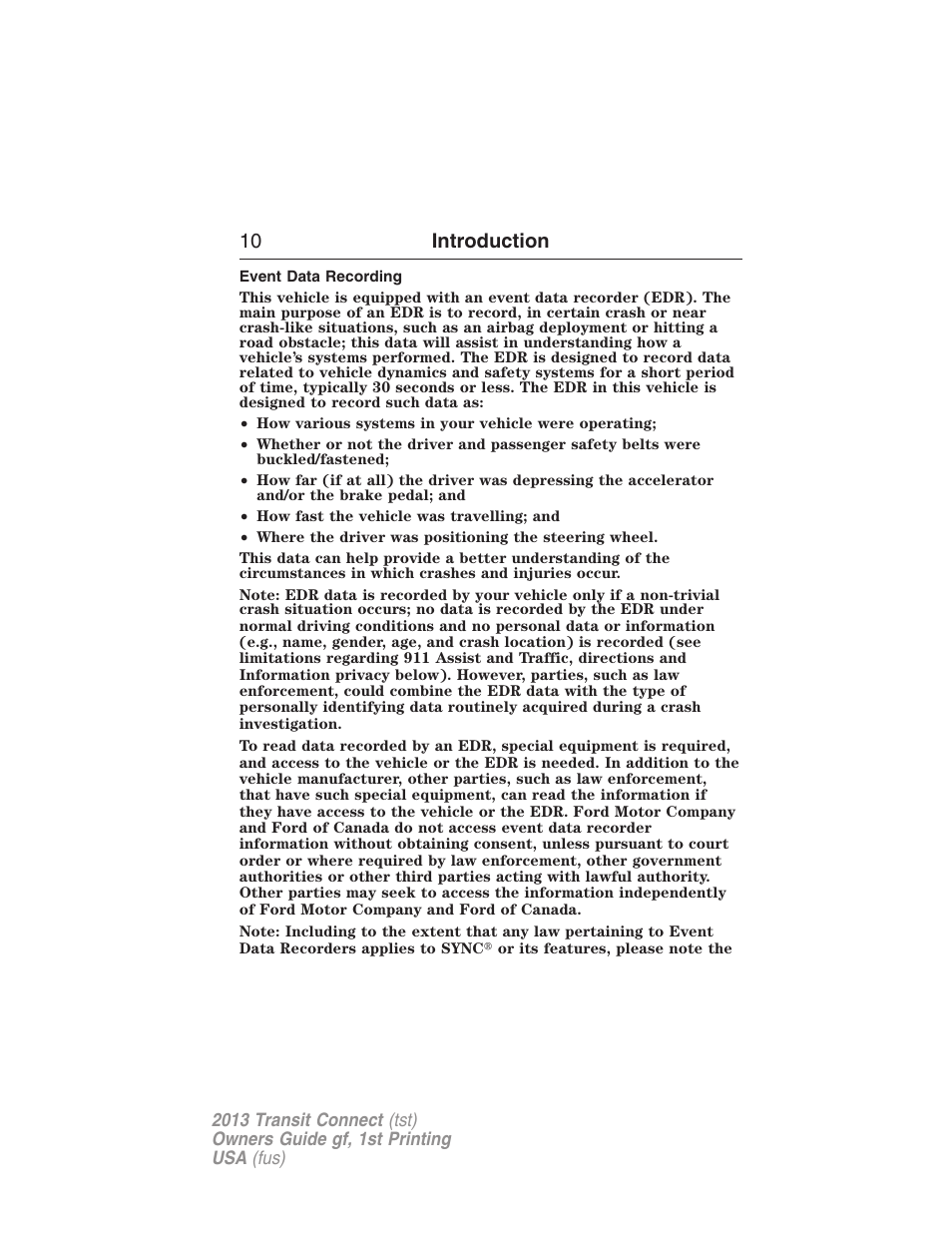 Event data recording, 10 introduction | FORD 2013 Transit Connect v.1 User Manual | Page 11 / 317