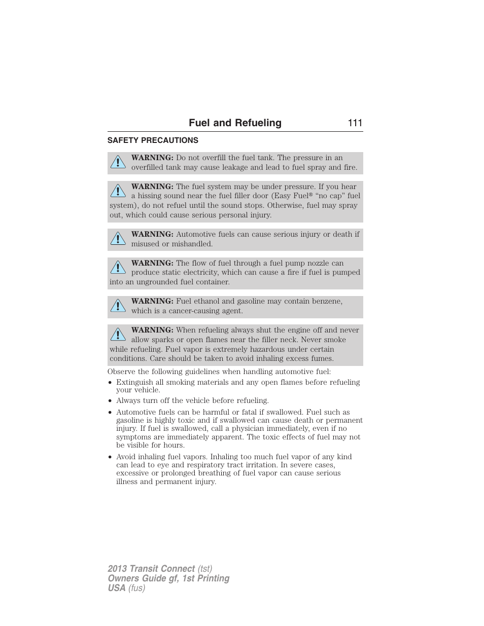 Fuel and refueling, Safety precautions, Fuel and refueling 111 | FORD 2013 Transit Connect v.1 User Manual | Page 112 / 317