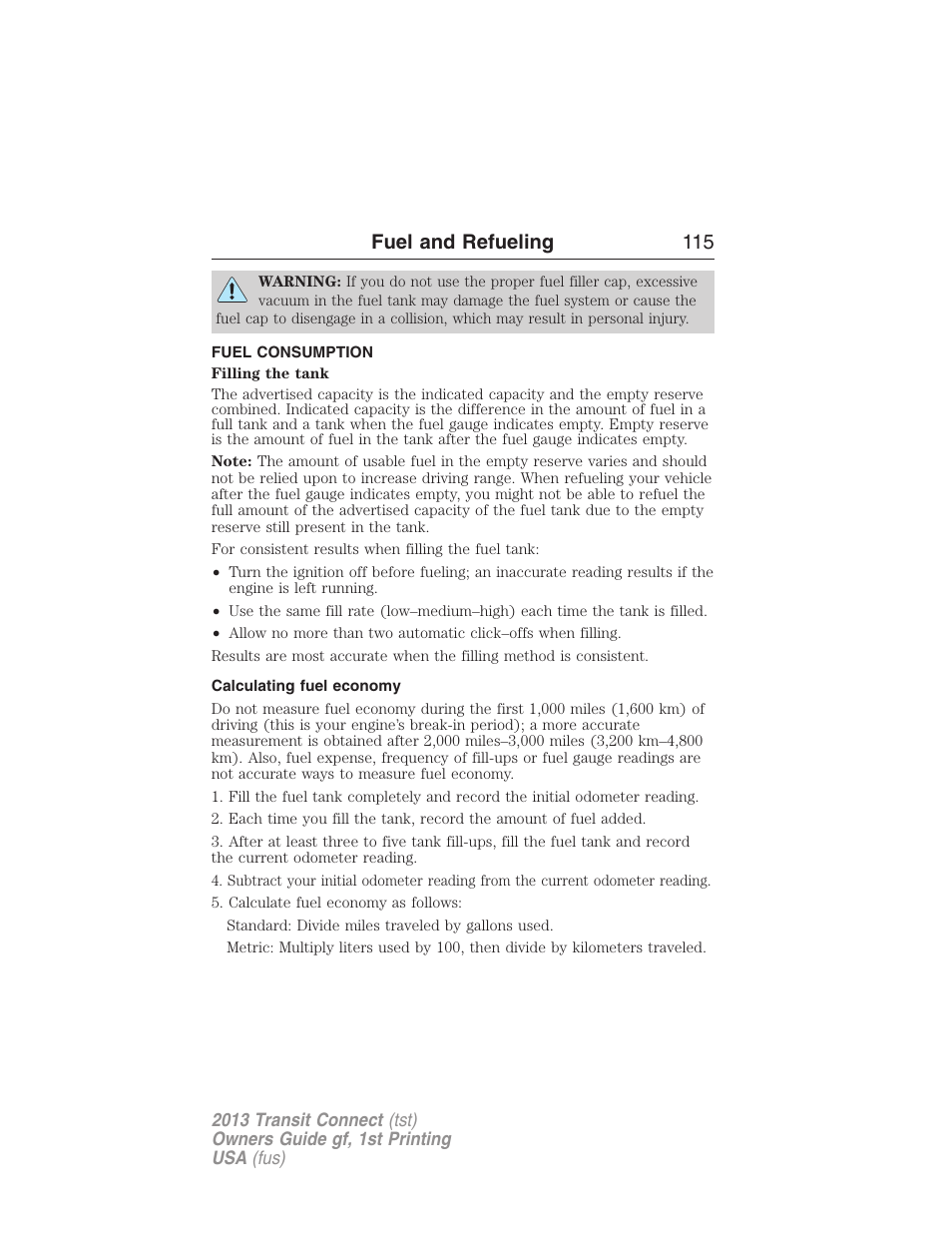 Fuel consumption, Calculating fuel economy, Fuel and refueling 115 | FORD 2013 Transit Connect v.1 User Manual | Page 116 / 317