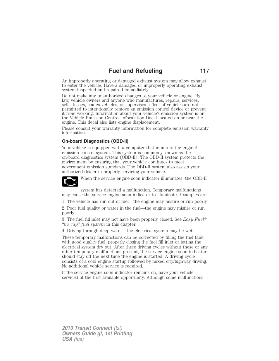 On-board diagnostics (obd-ii), Fuel and refueling 117 | FORD 2013 Transit Connect v.1 User Manual | Page 118 / 317