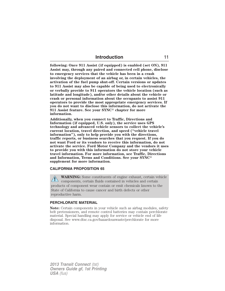 California proposition 65, Perchlorate material, Introduction 11 | FORD 2013 Transit Connect v.1 User Manual | Page 12 / 317