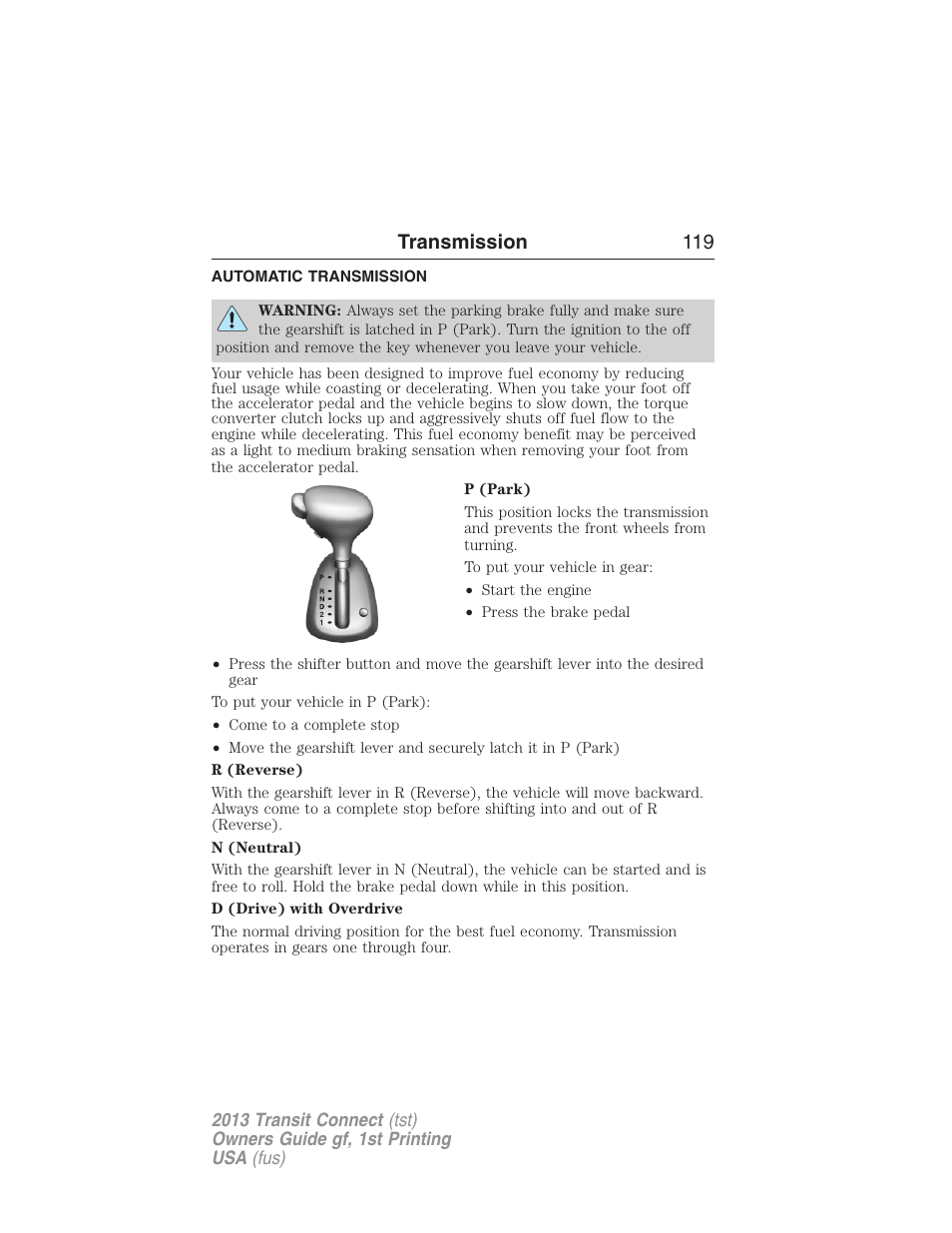 Transmission, Automatic transmission, Transmission 119 | FORD 2013 Transit Connect v.1 User Manual | Page 120 / 317