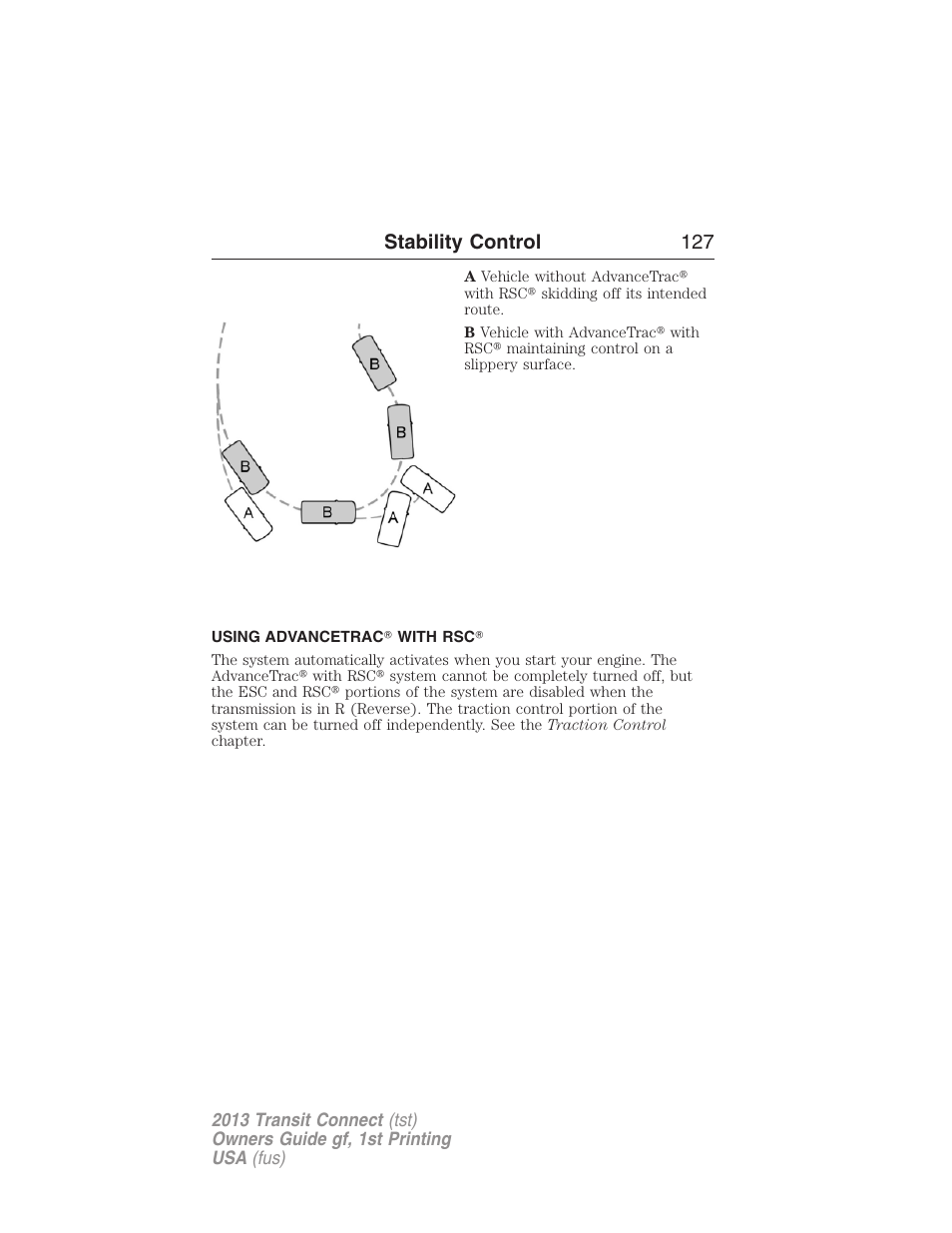 Using advancetrac? with rsc, Stability control 127 | FORD 2013 Transit Connect v.1 User Manual | Page 128 / 317