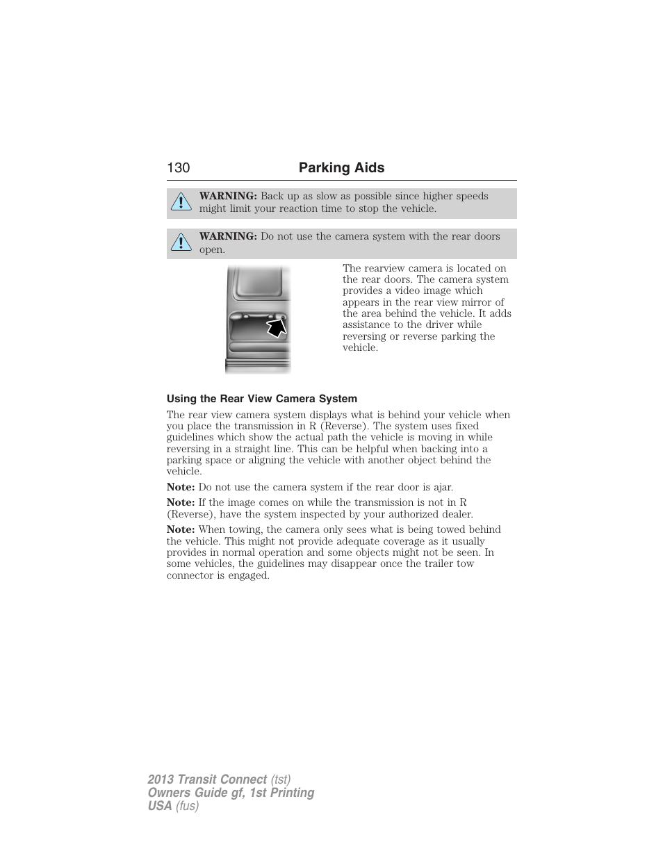 Using the rear view camera system, 130 parking aids | FORD 2013 Transit Connect v.1 User Manual | Page 131 / 317